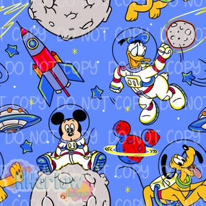 May include: A seamless pattern featuring cartoon characters in space suits and space-themed elements on a blue background. The design includes a rocket, planets, stars, and the text "DO NOT COPY". Characters include Mickey Mouse, Donald Duck, and Pluto.