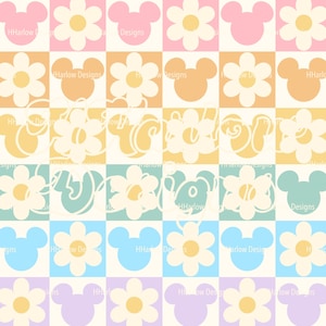 Può includere: Un motivo a scacchiera colorato con disegni floreali e teste di Topolino alternati. I fiori sono bianchi con centri gialli, e le teste di Topolino sono in vari colori pastello, tra cui rosa, arancione, blu e viola.