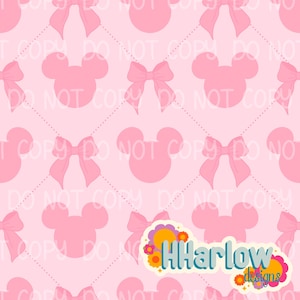 May include: Pink pattern featuring silhouettes of bows and Mickey Mouse heads. The design is set against a light pink background with a dotted grid pattern. The image includes the text "HHarlow designs" in a colorful floral design.