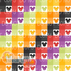 Puede incluir: Un patrón repetitivo de cuadrados de colores sólidos en tonos rojo, naranja, amarillo, verde lima, morado y gris oscuro. Cada cuadrado contiene una silueta blanca centrada de una cabeza de ratón. El texto DO NOT COPY está superpuesto.