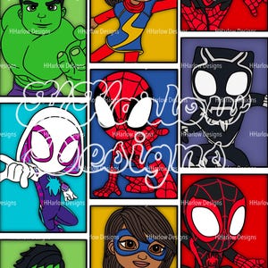Op de afbeelding: Een kleurrijk raster van cartoonkarakterillustraties, waaronder Spider-Man en Hulk. Elk personage staat tegen een effen achtergrond, met de tekst "HHarlow Designs" herhaald in de hele afbeelding.