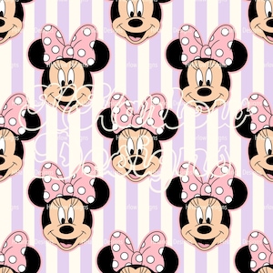 Può includere: Motivo ripetuto di facce di Minnie Mouse con fiocchi rosa a pois. Lo sfondo presenta strisce verticali in lavanda e bianco sporco. Il motivo si ripete in tutta l'immagine.