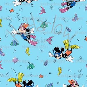 May include: A seamless pattern featuring Mickey and Minnie Mouse scuba diving, surrounded by colorful fish, seahorses, bubbles, and starfish on a light blue background. The design includes yellow, pink, and blue diving gear.