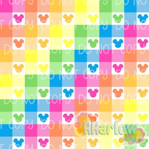 Op de afbeelding: Een kleurrijk, geruit patroon met vierkanten in regenboogkleuren van roze, oranje, geel, groen en blauw. Elk vierkant bevat een muizenkop-silhouet in verschillende kleuren. De woorden "DO NOT COPY" zijn zichtbaar.