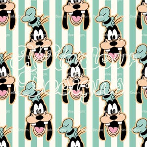 May include: A repeating pattern featuring the cartoon character Goofy, with a light blue hat and open mouth, set against a backdrop of vertical stripes in light green and white. The design includes the text "Harlo Designs".