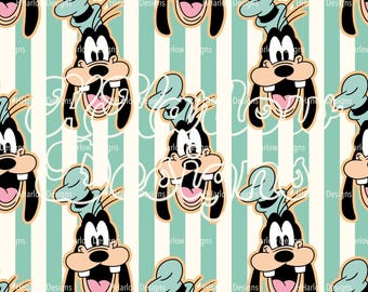 May include: A repeating pattern featuring the cartoon character Goofy, with a light blue hat and open mouth, set against a backdrop of vertical stripes in light green and white. The design includes the text "Harlo Designs".