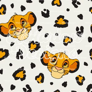 May include: A seamless pattern featuring a cartoon lion cub face with a white background and black and orange leopard print spots.