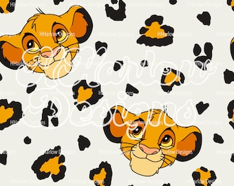May include: A seamless pattern featuring a cartoon lion cub face with a white background and black and orange leopard print spots.