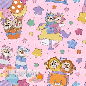 May include: A repeating pattern on a pink background features cartoon chipmunks in various costumes, including unicorn, lion, and panda outfits. Colorful stars and balloons are scattered throughout the design, creating a playful and whimsical aesthetic.