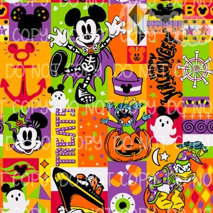 May include: A colorful Halloween-themed pattern featuring various Disney characters in costumes. Mickey Mouse is dressed as a vampire, and Minnie Mouse is wearing a witch hat. The design includes ghosts, pumpkins, and the words "Happy Halloween" and "Treats".