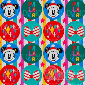 May include: A repeating pattern featuring Mickey Mouse in a Santa hat, bow ties, and geometric shapes. The design includes the text "FA LA LA" on teal circles, set against a striped background with pink stars. The color palette is festive.