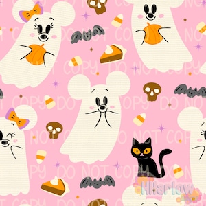 Puede incluir: Un patrón rosa con temática de Halloween con fantasmas de dibujos animados con orejas de ratón, sosteniendo calabazas. El diseño incluye murciélagos, calaveras, caramelos de maíz y rebanadas de pastel.