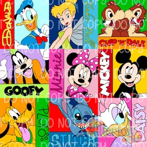 Può includere: Una grafica colorata con personaggi Disney come Paperino, Trilli, Cip e Ciop, Pippo, Minnie Mouse, Topolino, Pluto, Stitch e Paperina. Ogni personaggio è ambientato su uno sfondo vivace con i loro nomi.
