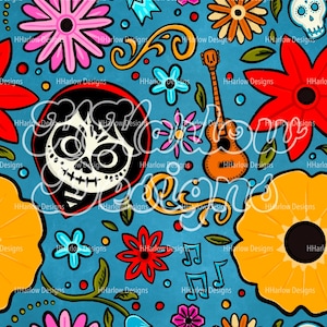 May include: A vibrant, patterned design featuring a sugar skull, flowers, a guitar, and musical notes on a teal background. The design includes various colorful flowers in shades of pink, red, orange, and yellow. The text "HHarlow Designs" is repeated throughout the image.
