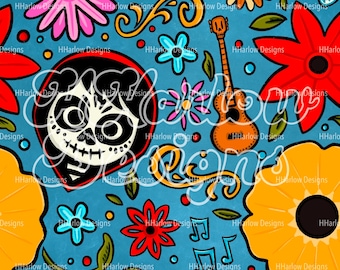 May include: A vibrant, patterned design featuring a sugar skull, flowers, a guitar, and musical notes on a teal background. The design includes various colorful flowers in shades of pink, red, orange, and yellow. The text "HHarlow Designs" is repeated throughout the image.