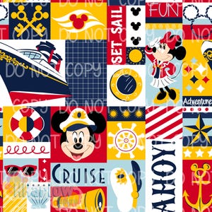 May include: A vibrant nautical-themed pattern with Mickey and Minnie Mouse, a cruise ship, and maritime symbols. The design includes the words "Cruise", "Ahoy!", and "Set Sail". The colour scheme features red, yellow, blue, and white.