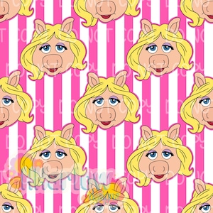 May include: A repeating pattern featuring the face of a cartoon pig with blonde hair, blue eyes, and a pink snout. The pig faces are set against a background of alternating pink and white vertical stripes.