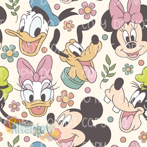 Può includere: Un motivo senza cuciture con i personaggi dei cartoni animati Paperino, Minnie, Topolino, Paperina, Pluto e Pippo. Il design include fiori e foglie dai colori pastello su uno sfondo color crema. I personaggi sono in stile vintage.