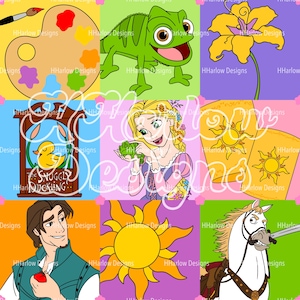 May include: A colorful collage featuring cartoon illustrations. Includes a palette with paint, a green chameleon, a yellow flower, a clock with a duck, a princess, two lanterns, a man, a sun, and a white horse. The text "HHarlow Designs" is repeated.