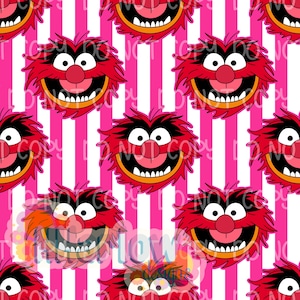 May include: A repeating pattern featuring the Muppet character Animal. The design showcases Animal's red fur, large white eyes, and wide grin with orange teeth. The background has pink and white vertical stripes.