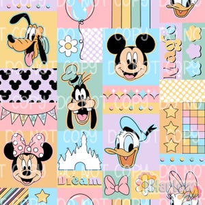 May include: A colorful patchwork design featuring beloved Disney characters like Mickey Mouse, Minnie Mouse, Donald Duck, and Goofy. The design includes pastel colors, stars, flowers, and a castle, creating a cheerful and whimsical pattern.