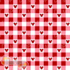 May include: A red and white gingham pattern with red Mickey Mouse head silhouettes. The words "DO NOT COPY" are repeated throughout the design. The design is a repeating pattern.