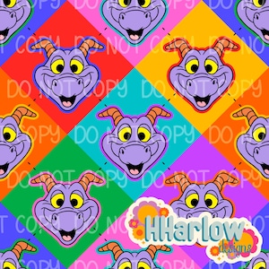 May include: A vibrant, repeating pattern featuring the purple face of a cartoon dragon with yellow eyes and orange horns. The background is a patchwork of colorful diamond shapes. The design includes the text "DO NOT COPY" and the "HHarlow designs" logo.