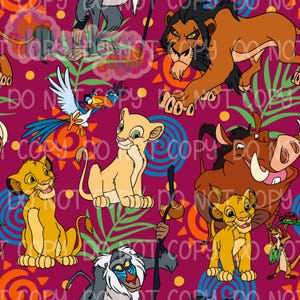 May include: A repeating pattern featuring characters from The Lion King animated film. The design includes Simba, Nala, Scar, Timon, Pumbaa, Zazu, and Rafiki on a deep magenta background with orange and green accents.