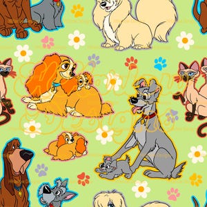 Puede incluir: Patrón repetitivo con perros y gatos de dibujos animados en varias poses, sobre un fondo verde claro. El diseño incluye flores de margarita blancas y huellas de patas en tonos azules, rosas y rojos. Los personajes están delineados en negro.