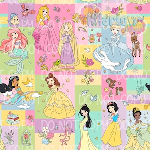 Op de afbeelding: Kleurrijk patroon met cartoon illustraties van Disney prinsessen, waaronder Ariel, Assepoester, Belle en Jasmine, tegen een patchwork achtergrond van pastelkleuren. Het ontwerp bevat sterren, bloemen en andere grillige elementen.