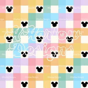 May include: A colorful plaid pattern featuring black Mickey Mouse silhouettes on a pastel background. The design includes squares of pink, yellow, blue, and green, with the text "HHarlow Designs" in a cursive font.