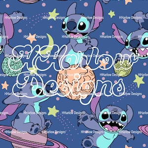 May include: A seamless pattern featuring a blue cartoon character with large eyes and a toothy grin. The character is sitting on a planet with a ring around it. The background is a dark blue with white stars and a few planets.