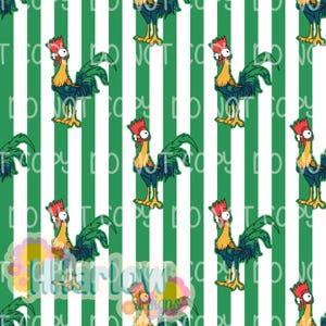 Puede incluir: Un patrón repetitivo que presenta gallos de dibujos animados con ojos grandes, crestas rojas, cuellos amarillos y cuerpos de color verde oscuro. Los gallos están dispuestos sobre un fondo de rayas verticales blancas y verdes. El texto DO NOT COPY está superpuesto.