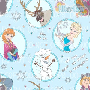 Peut inclure: Tissu bleu clair avec des portraits circulaires répétés des personnages du film "La Reine des Neiges". Les personnages incluent Anna, Elsa, Olaf, Sven et Kristoff. Le motif comprend également des flocons de neige et la phrase "Do you want to build a snowman?"