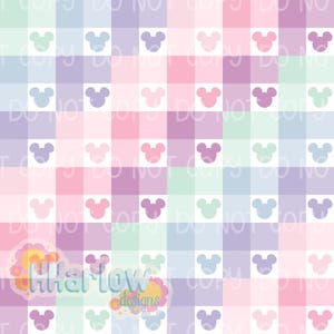 May include: A pastel-colored plaid pattern featuring alternating squares of pink, purple, blue, and green. Each square contains a silhouette of a mouse head. The design includes the text "Lillerlow designs".