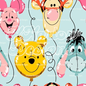 May include: A repeating pattern of cartoon character balloons on a light blue background. The balloons feature Winnie the Pooh, Piglet, Tigger, and Eeyore. Each balloon is a different color and has a smiling face. The text "HHarlow Designs" is repeated throughout.