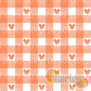 May include: Orange and white gingham pattern with orange Mickey Mouse head silhouettes. The design is a repeating pattern of squares and Mickey Mouse heads. The words "DO NOT COPY" are watermarked across the image.