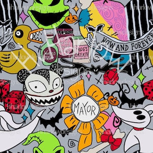 Puede incluir: Una ilustración digital colorida con personajes de la película Pesadilla antes de Navidad. La ilustración incluye a Jack Skellington, Sally, Oogie Boogie y otros personajes de la película. La ilustración está sobre un fondo gris y presenta una variedad de colores, incluyendo negro, blanco, verde, naranja y morado.