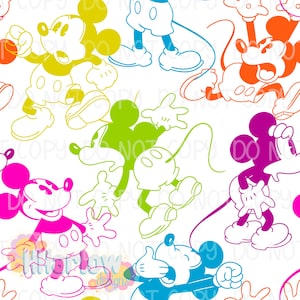 Può includere: Un motivo ripetuto con Topolino in varie pose e colori vivaci, tra cui giallo, verde, rosa, viola, arancione e blu. Il personaggio dei cartoni animati è delineato in diversi colori su uno sfondo bianco.