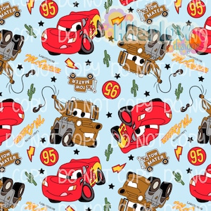 May include: A light blue fabric pattern featuring cartoon red race cars with the number 95, brown tow trucks labeled Tow Mater, yellow lightning bolts, green cacti, black stars, and the text Lightning McQueen in orange script.