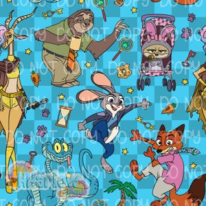 Könnte beinhalten: Ein sich wiederholendes Muster mit Zeichentrickfiguren aus dem Film Zoomania. Die Charaktere umfassen ein Faultier, ein Kaninchen, einen Fuchs und eine Schlange, vor einem blau karierten Hintergrund mit Pfotenabdrücken, Sternen und Lupen.