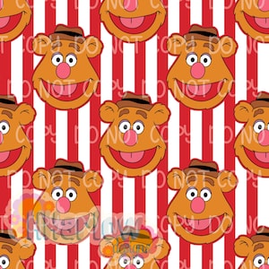 May include: A repeating pattern featuring the face of Fozzie Bear from The Muppets. The bear's face is orange with a pink nose, white eyes, and a brown hat. The background has red and white vertical stripes.