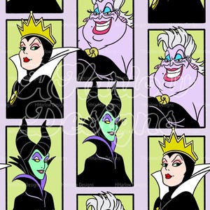 May include: A repeating pattern featuring cartoon illustrations of Disney villains, including the Evil Queen, Ursula, and Maleficent. Each character is framed in a green rectangle against a lilac background. The Evil Queen wears a gold crown.