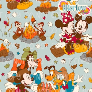 May include: A light blue seamless pattern featuring Disney characters around campfires. Mickey and Minnie Mouse, Goofy, Donald Duck, and Chip and Dale are roasting marshmallows and sausages. The design includes fall leaves, stars, and the text "HHarlow designs".