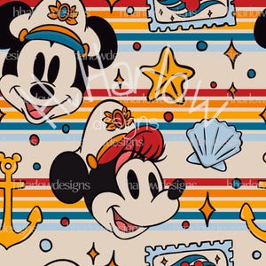May include: A seamless pattern featuring cartoon images of Mickey Mouse and Minnie Mouse dressed as sailors. The background is a striped pattern of red, orange, yellow, blue, and white. Other nautical themed images include a seashell, a starfish, and an anchor.