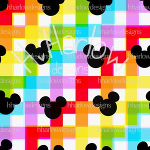May include: A colorful pattern featuring black Mickey Mouse silhouettes on a checkered background of red, orange, yellow, green, blue, and purple squares. The text "hharlowdesigns" is repeated throughout the design.