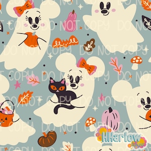 May include: A seamless pattern featuring cartoon ghosts with mouse ears, bows, and smiling faces, holding pumpkins and black cats. The design includes fall leaves, pumpkins, and mushrooms on a light blue background.