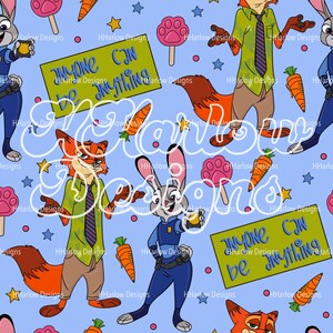 Puede incluir: Un patrón sin costuras con personajes de dibujos animados de la película Zootopia. El patrón incluye a Judy Hopps, Nick Wilde, zanahorias, estrellas y el texto "Anyone can be anything". El fondo es de color azul claro.