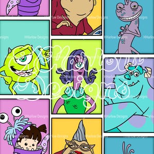 May include: A collection of cartoon character portraits in a grid layout. The characters are from the animated film Monsters, Inc., and include Mike Wazowski, Sulley, and Boo. Each character is set against a colorful background, with the text "HHarlow Designs" in the corners.