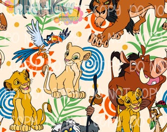 May include: A repeating pattern featuring characters from The Lion King. The design includes Simba, Nala, Scar, Timon, Pumbaa, Zazu, and Rafiki, set against a cream background with tribal and floral accents.